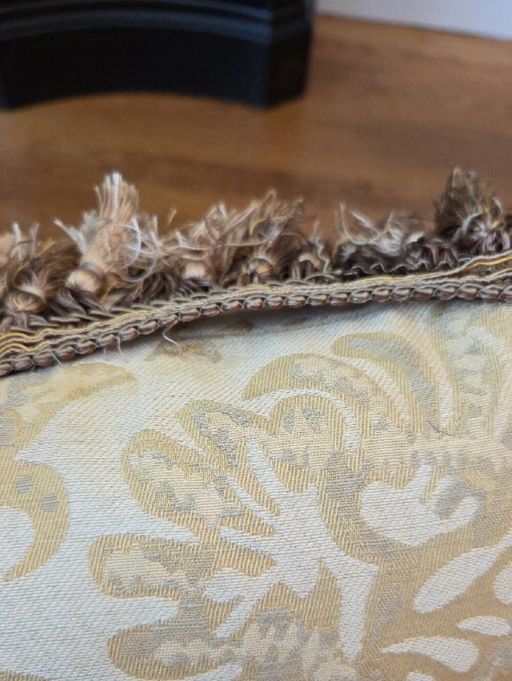 Decorative Cream Damask Accent Pillow with Tassel Trim